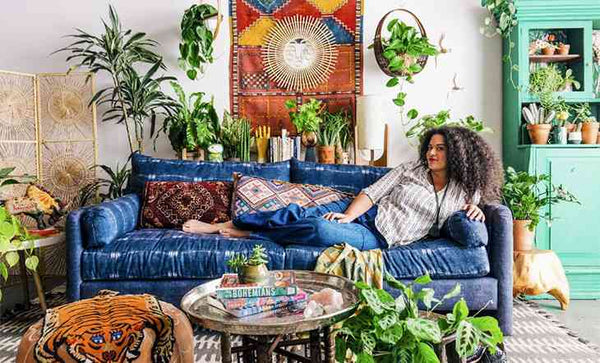 A blue sofa in the boho interior - zenq designs