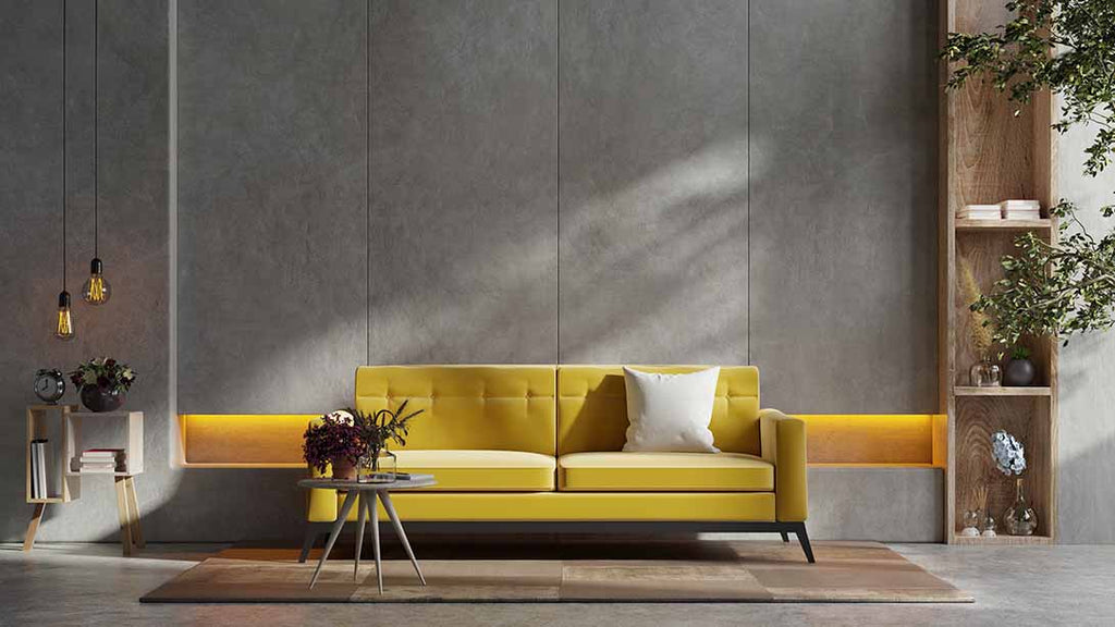 A grey living room with a yellow sofa and plants - ZenQ