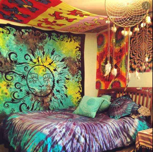 A hippie colourful room full of tapestries and a dream catcher I ZenQ Designs
