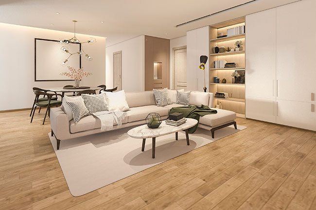 Classic living room with marble tile and bookshelf - ZenQ Designs