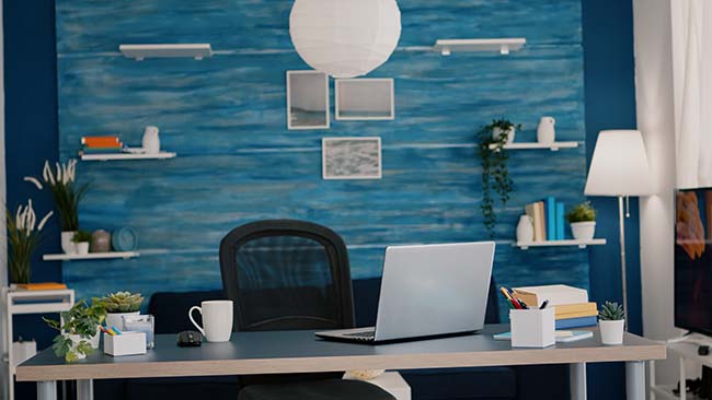 Modern living room with blue walls and beautiful decoration - ZenQ Designs