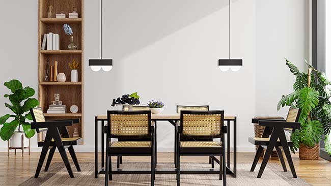 Modern style kitchen interior design with white wall and two chandeliers - ZenQ Designs