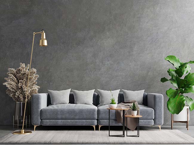 Sofa and a wooden table in living room with floor lamp - ZenQ Designs