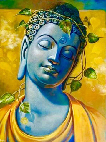 The Buddha's gentle smile - blue yellow art technique