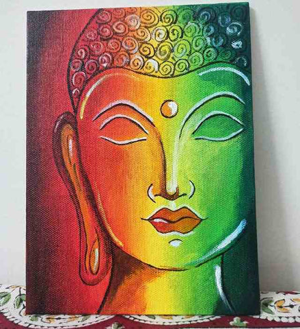 The figure of the Buddha in a vivid combination of colors on canvas