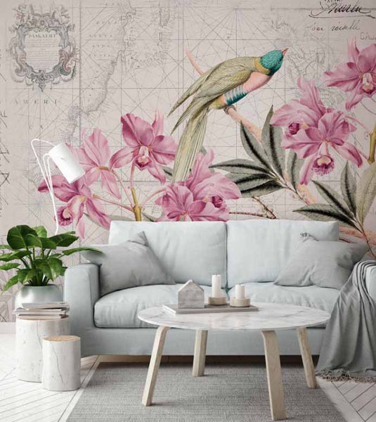 Wallpaper with pink lilies and a bird in the white living room I ZenQ Designs